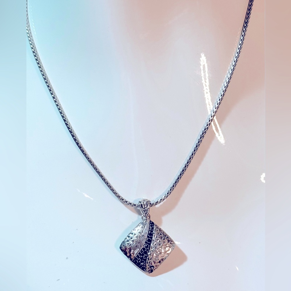 John Hardy Sterling Silver Black Sapphire Pendant Hammered Bali Chain Necklace